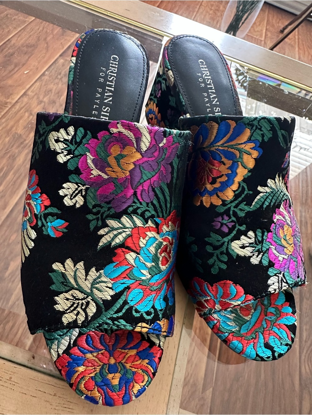 Payless Black Floral Embroidered Slide Mules